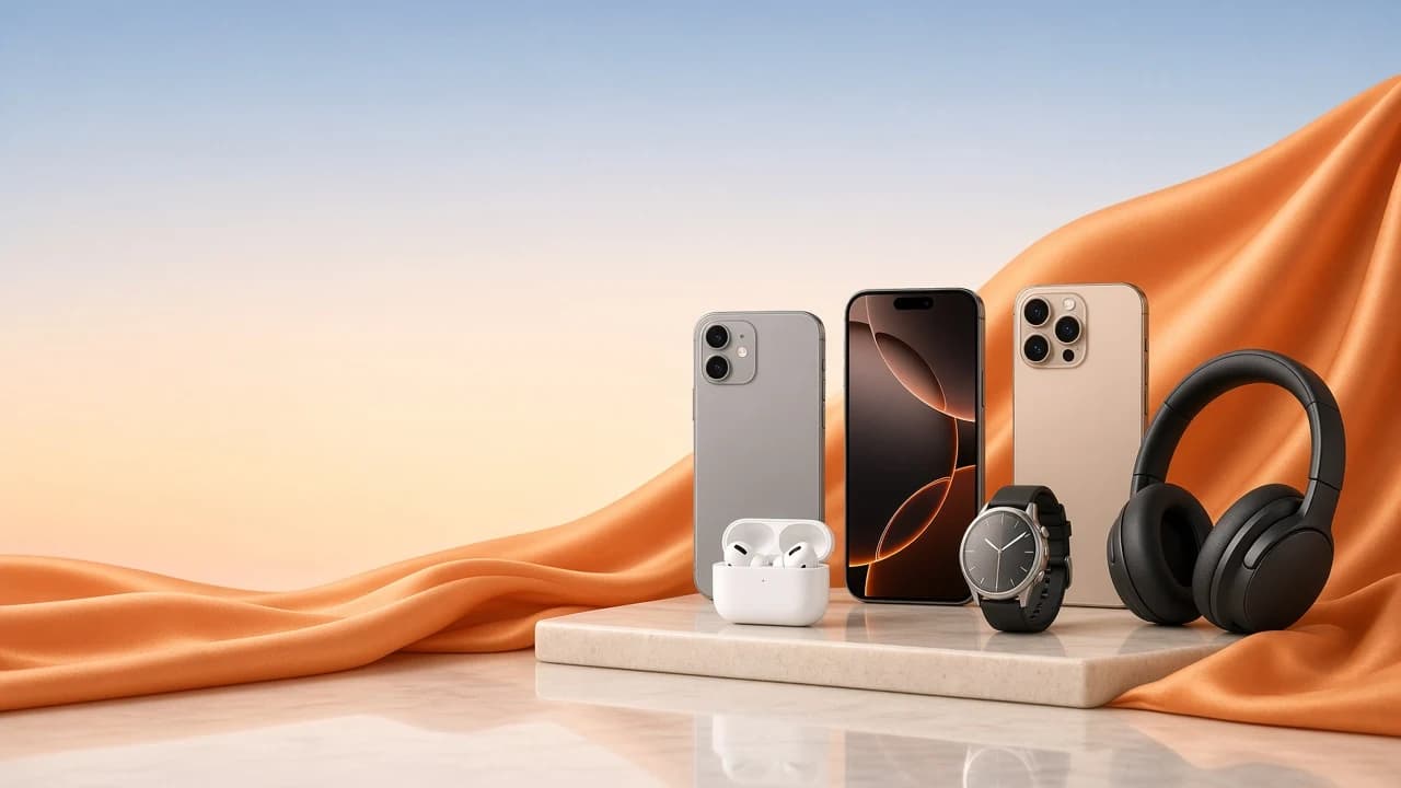 Smartphones, earbuds, a watch and headphones on stone with orange fabric